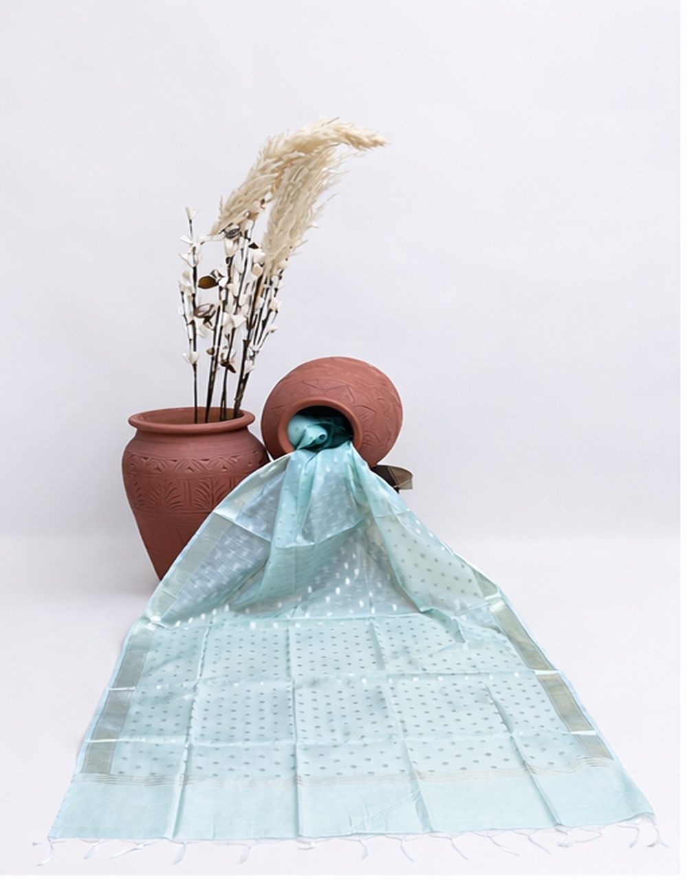 Green Pastel Mint With Gold Brocade Poly Chanderi Gold Brocade Dupatta - View 4