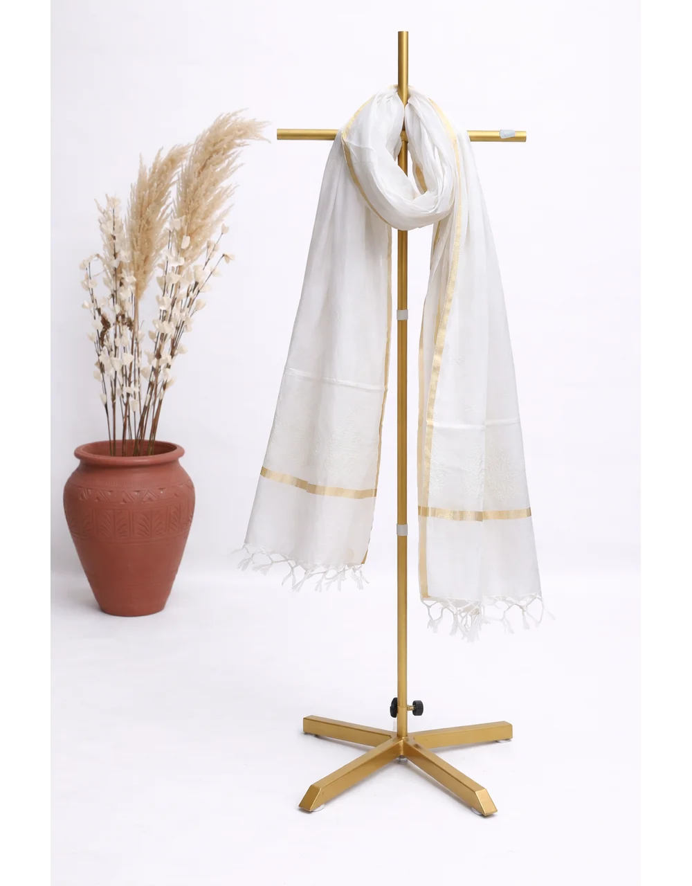 White With Golden Border Jacquard Dupatta