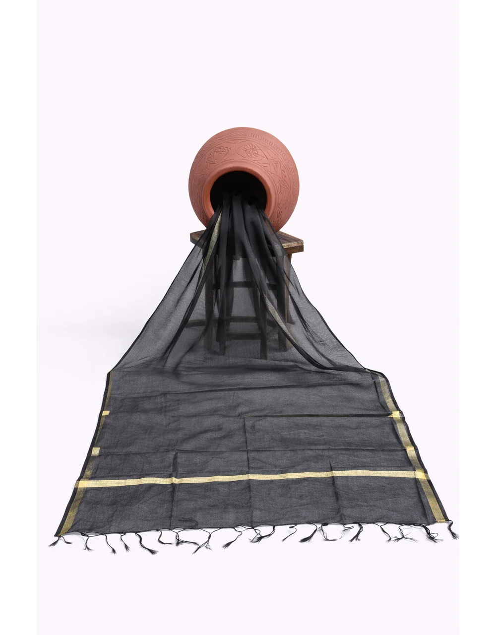 Black Poly Cotton Dupatta With Gold Zari Border - View 3