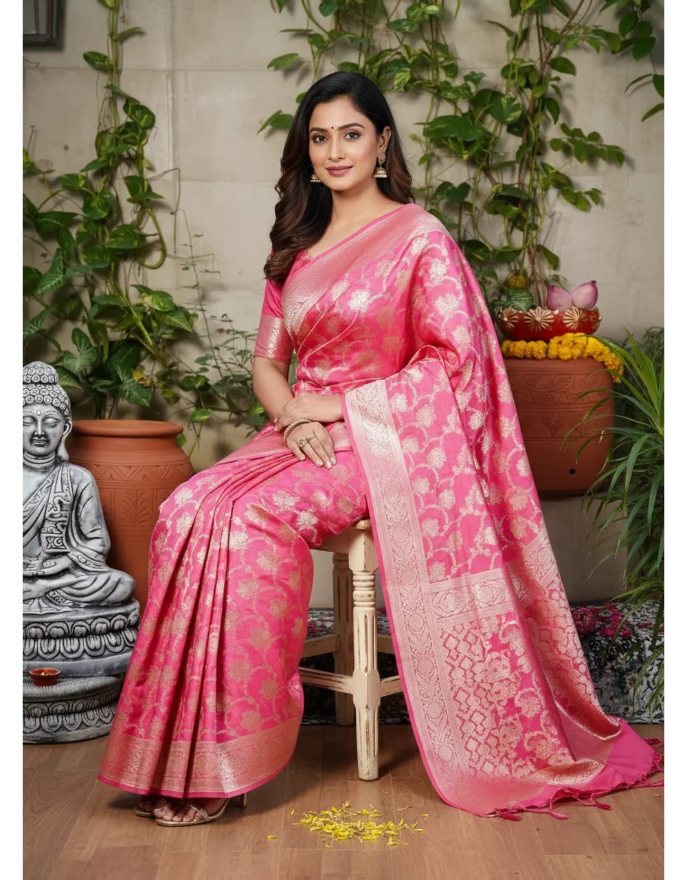 Hovered image of Pink Rose Pink Pure Silk Banarasi Katan Saree