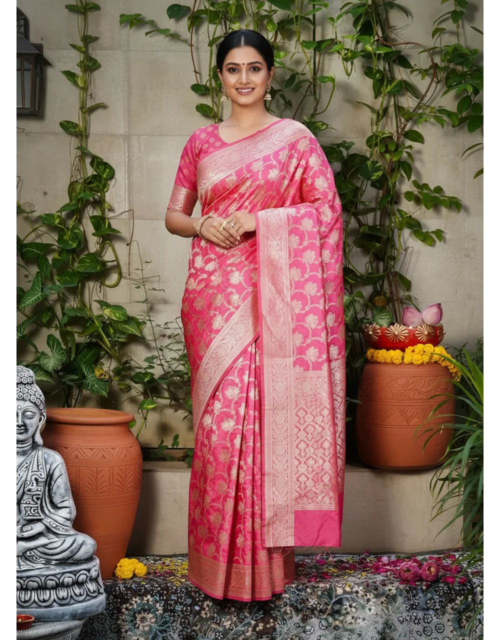 Pink Rose Pink Pure Silk Banarasi Katan Saree