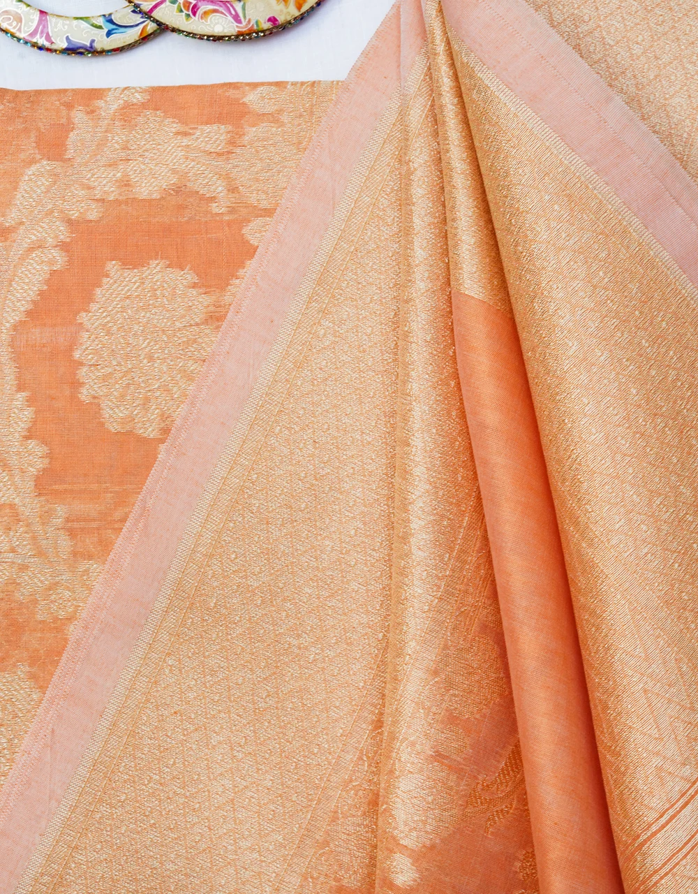 Orange Apricot Jamdani Cotton Silk Saree - View 3