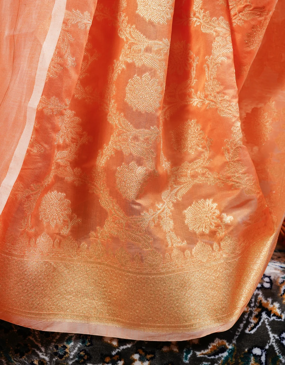 Orange Apricot Jamdani Cotton Silk Saree - View 5