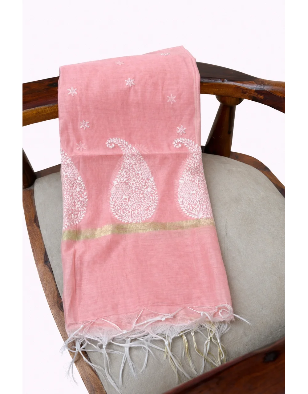 Pink Poly Cotton Dupatta With White Floral Buta And Paisley Border - View 3