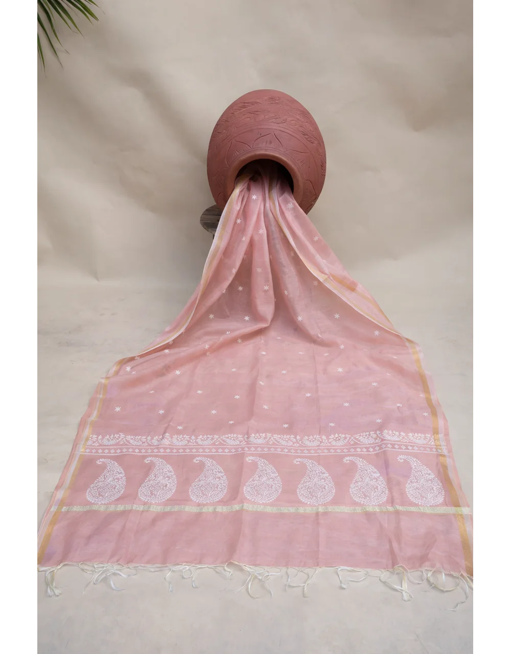 Pink Poly Cotton Dupatta With White Floral Buta And Paisley Border - View 5