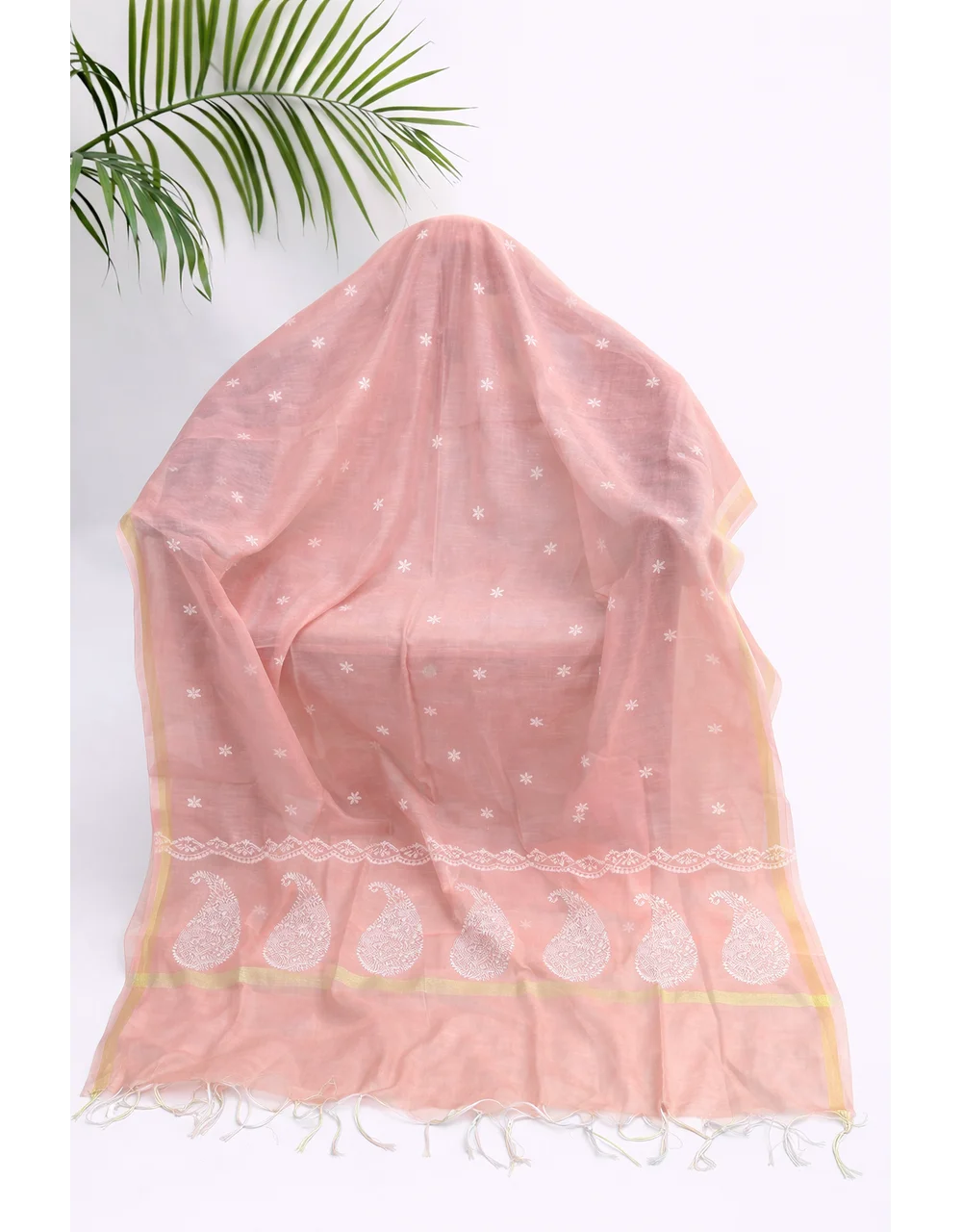 Pink Poly Cotton Dupatta With White Floral Buta And Paisley Border - View 4
