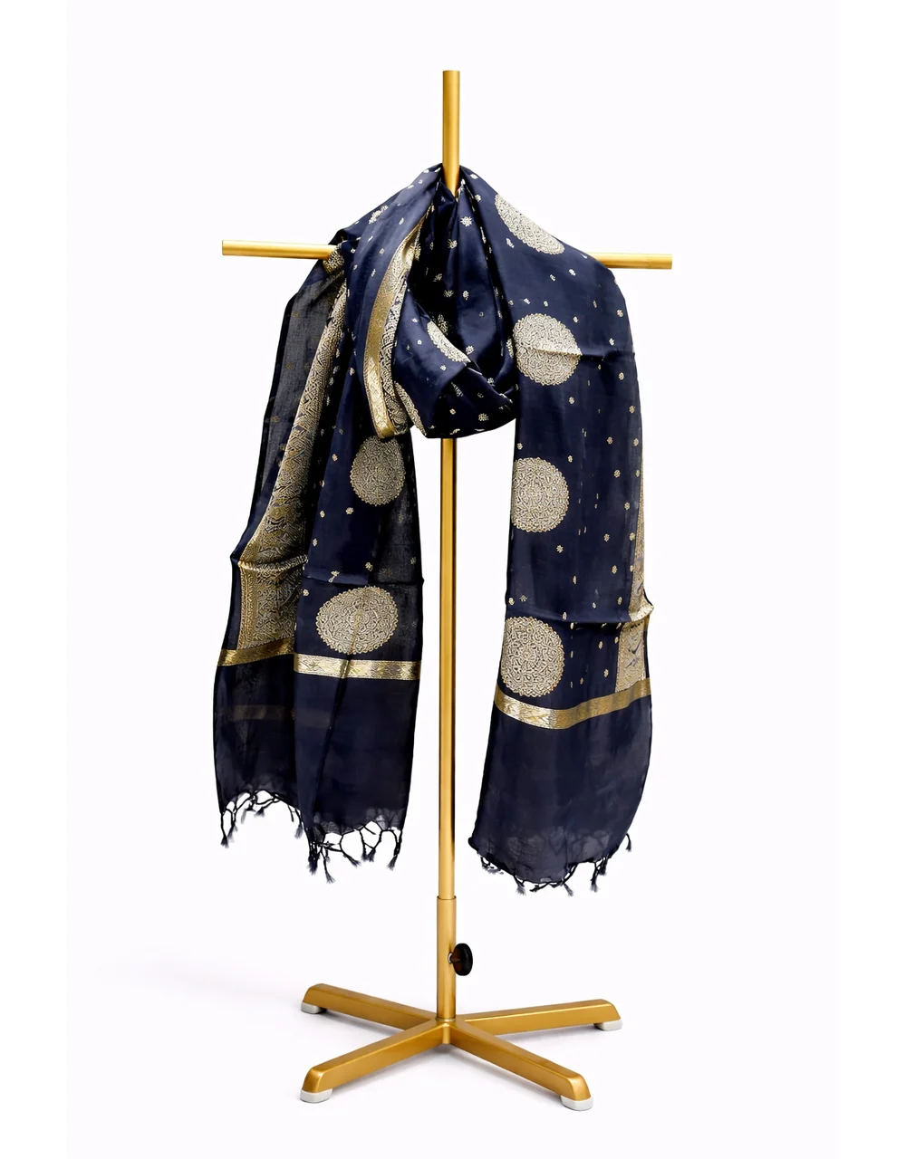 Black Poly Cotton Dupatta With Gold Circular Buta And Zari Border