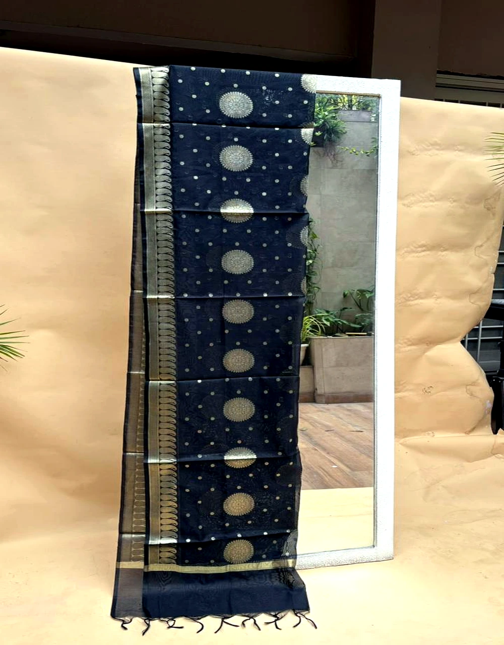 Black Poly Cotton Dupatta With Gold Circular Buta And Zari Border - View 6