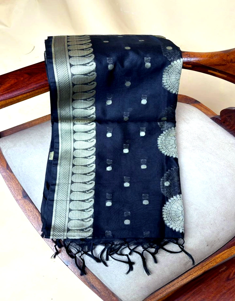 Hovered view of Black Poly Cotton Dupatta With Gold Circular Buta And Zari Border