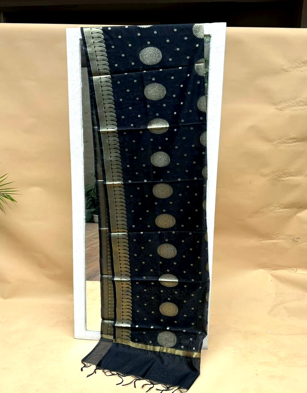 Black Poly Cotton Dupatta With Gold Circular Buta And Zari Border - View 4