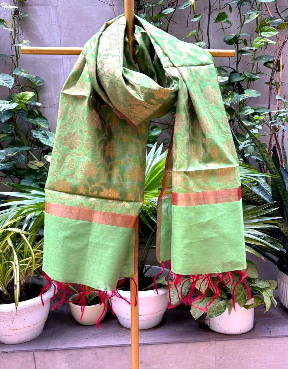 Green Poly Cotton Dupatta With Floral Zari Weaving And Contrast Border