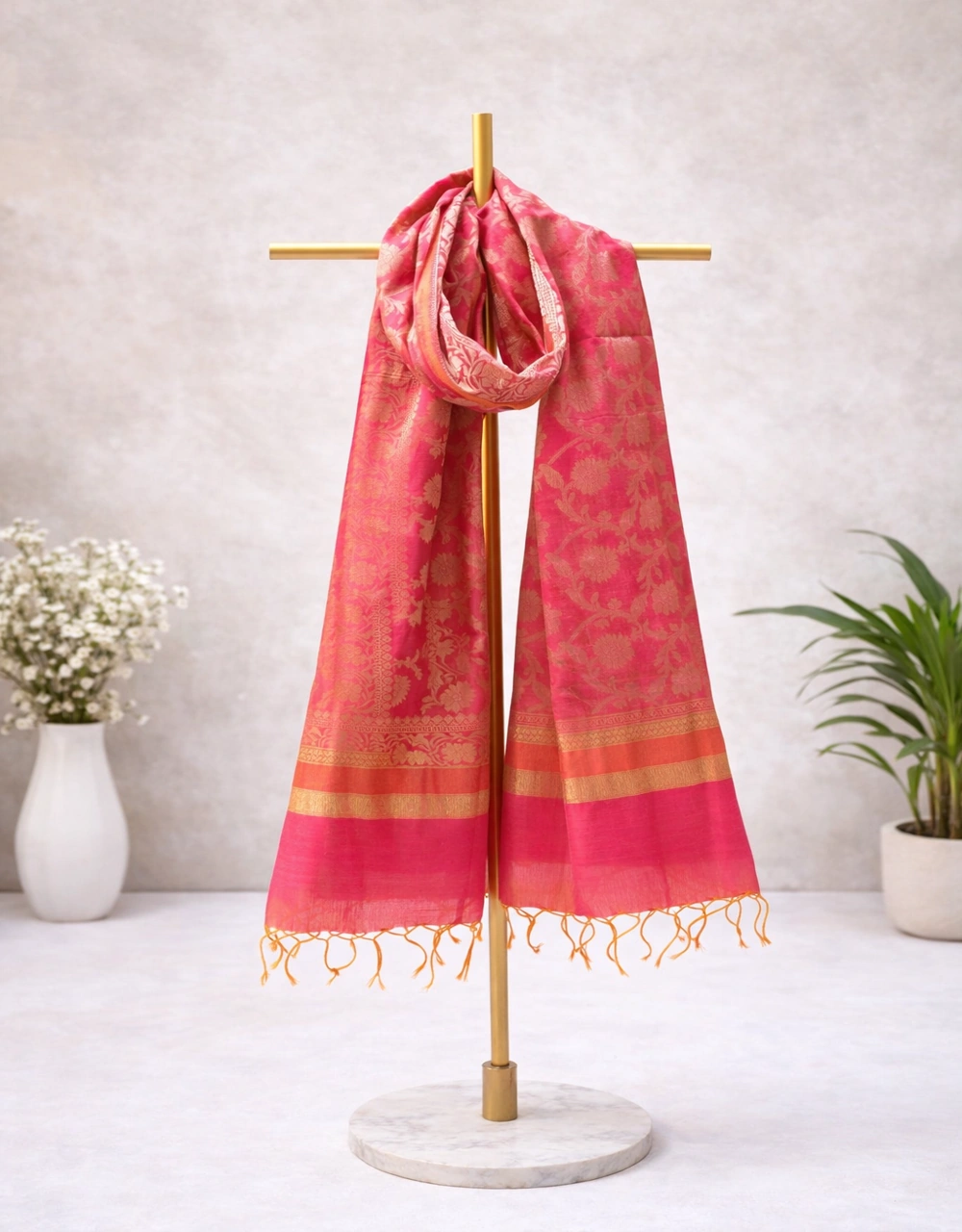 Pink Poly Cotton Dupatta With Floral Zari Weaving