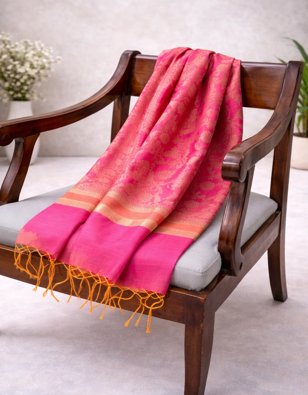Hovered view of Pink Poly Cotton Dupatta With Floral Zari Weaving