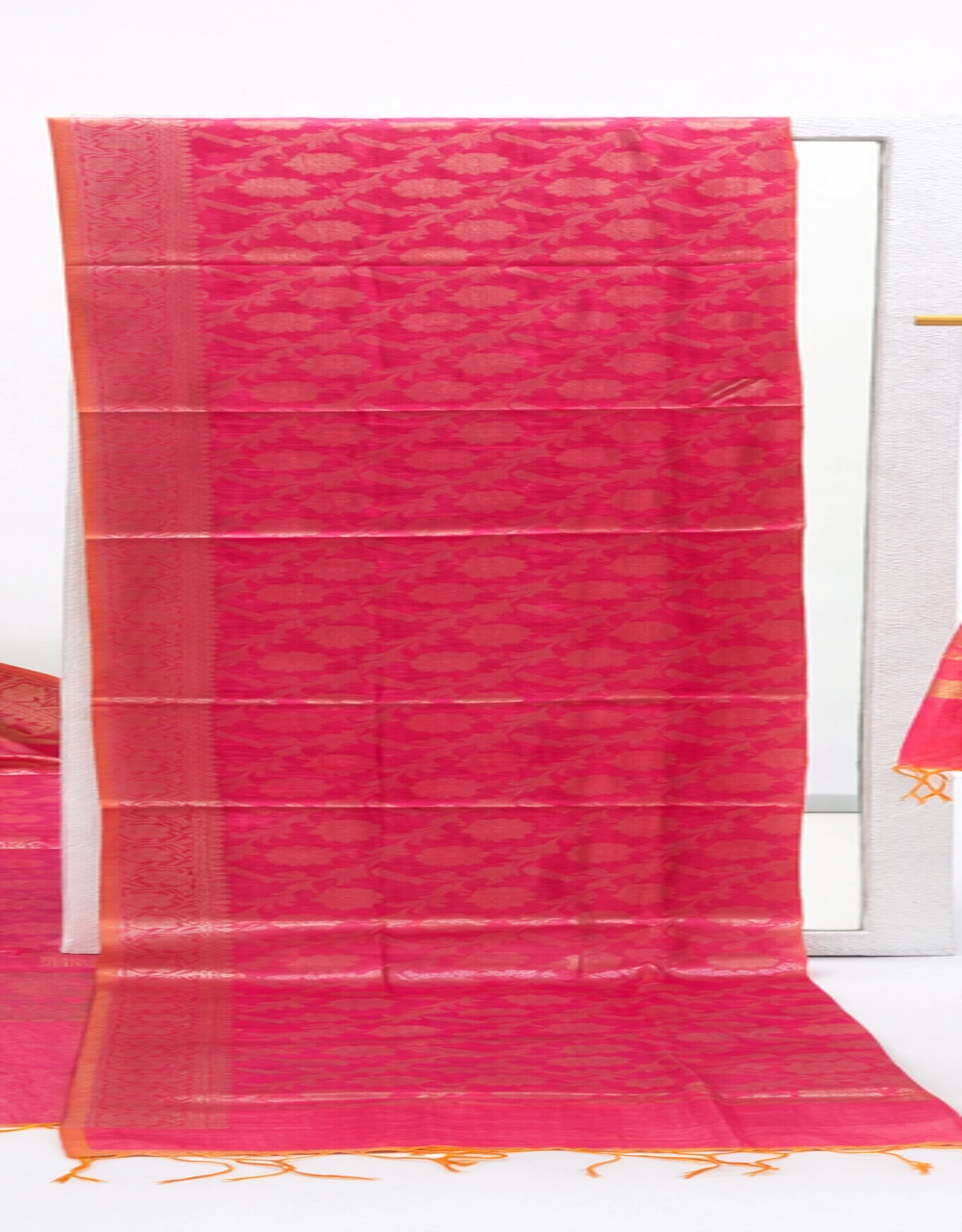Pink Poly Cotton Dupatta With Floral Zari Weaving - View 3