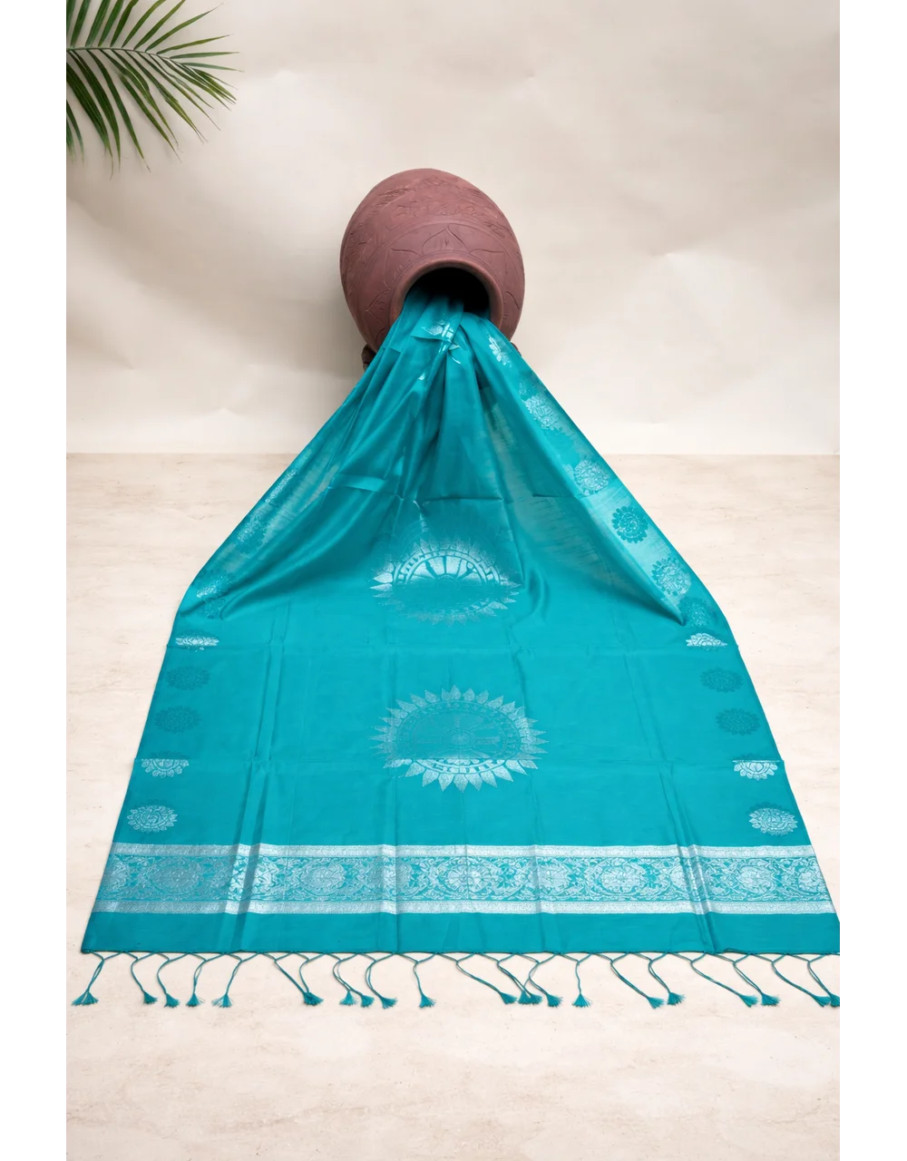 Green Teal Poly Cotton Dupatta With Subtle Zari Motif And Border - View 4
