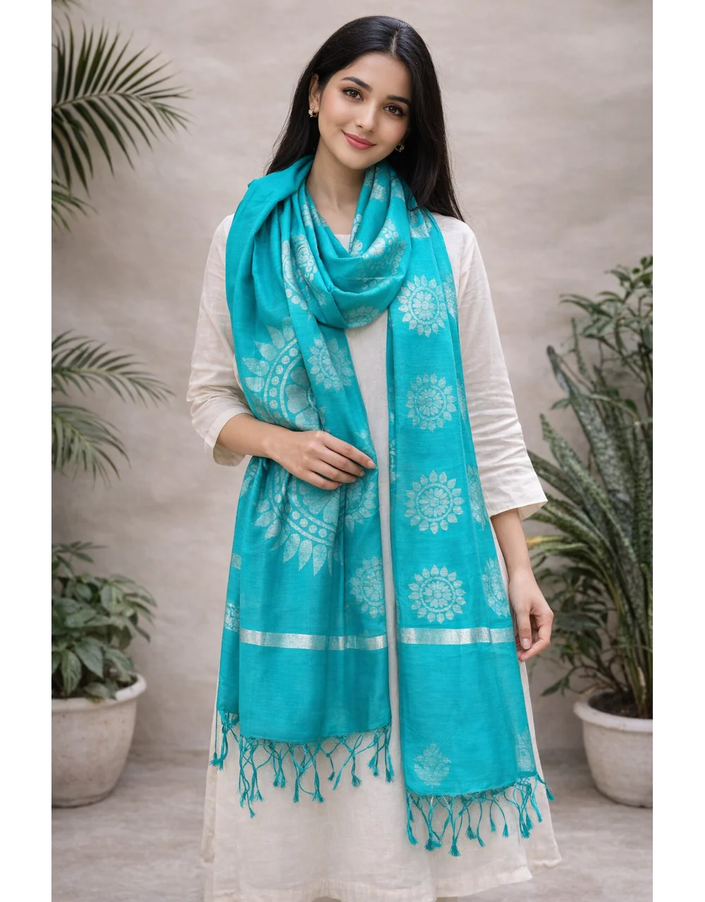 Hovered view of Green Teal Poly Cotton Dupatta With Subtle Zari Motif And Border