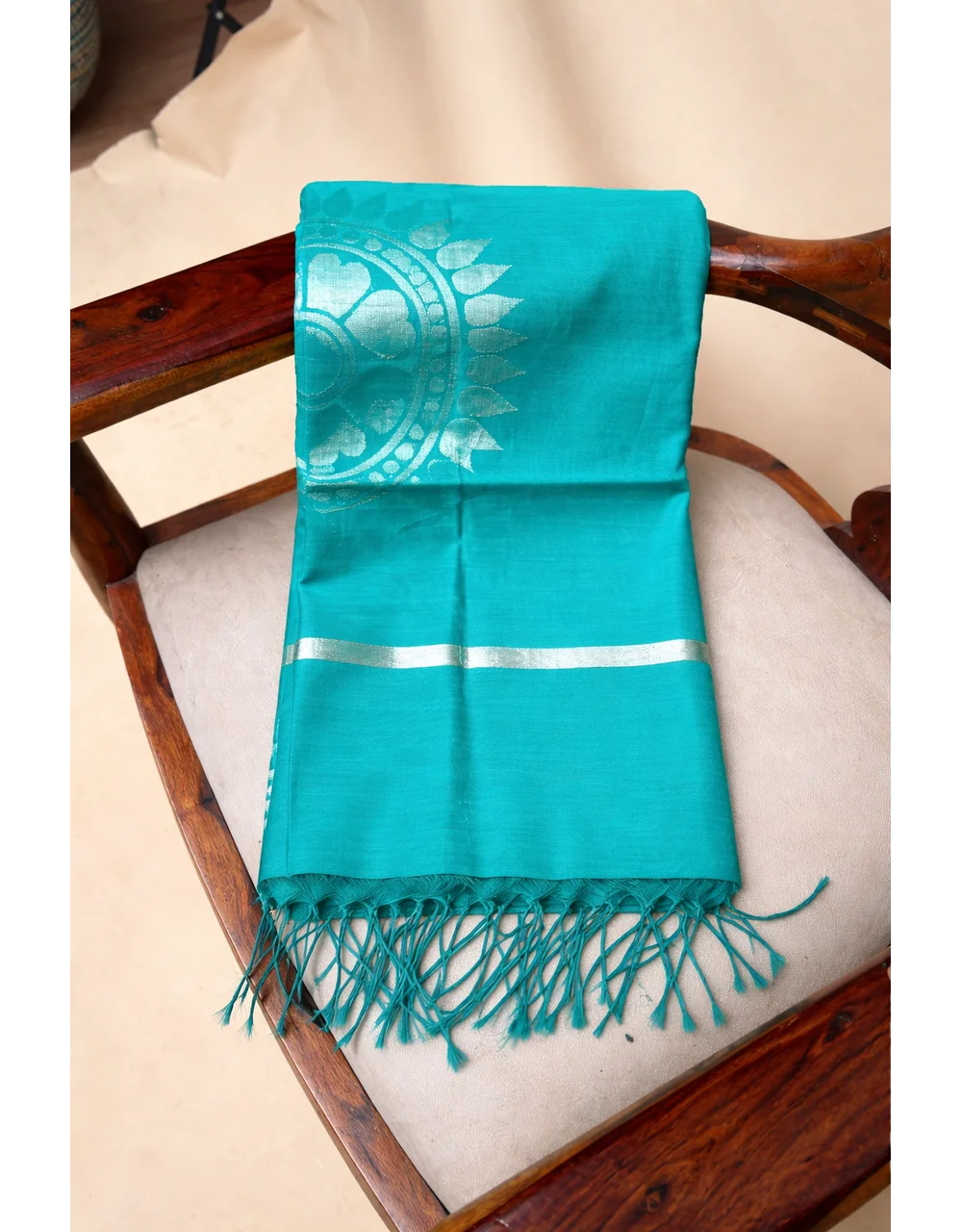 Green Teal Poly Cotton Dupatta With Subtle Zari Motif And Border - View 3