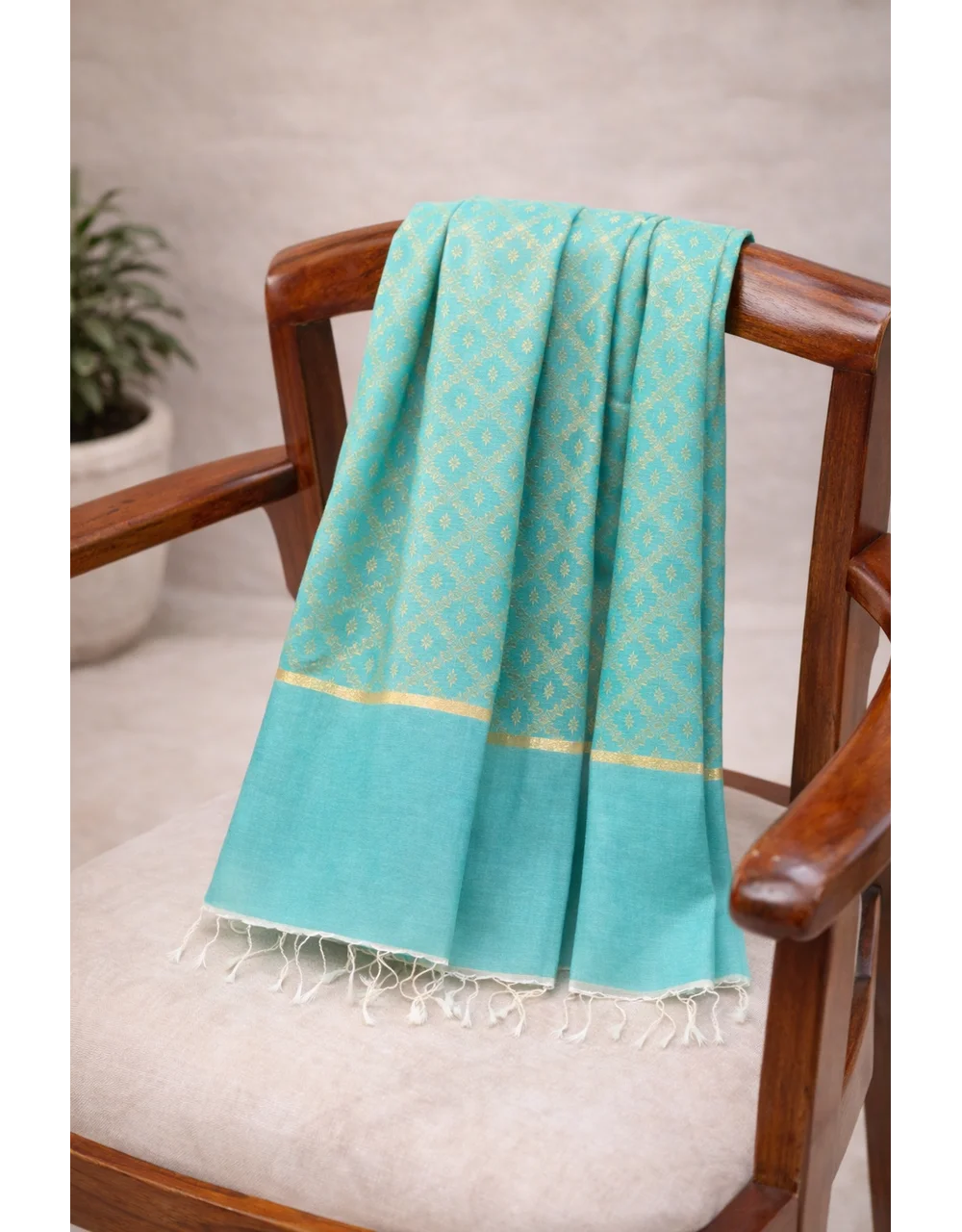 Aqua Green Poly Cotton Dupatta With Gold Jacquard Zari Design - View 4