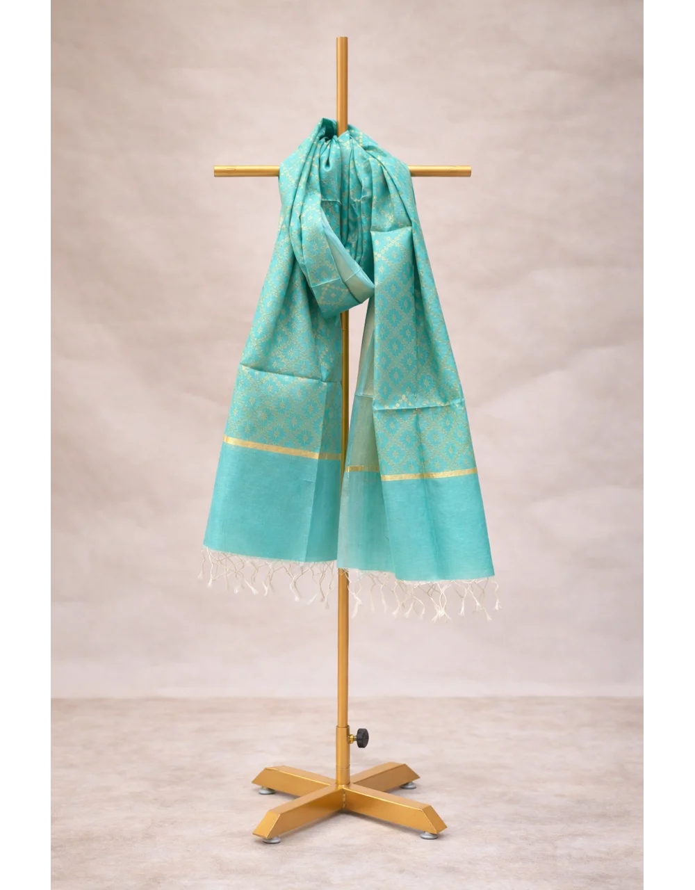 Aqua Green Poly Cotton Dupatta With Gold Jacquard Zari Design
