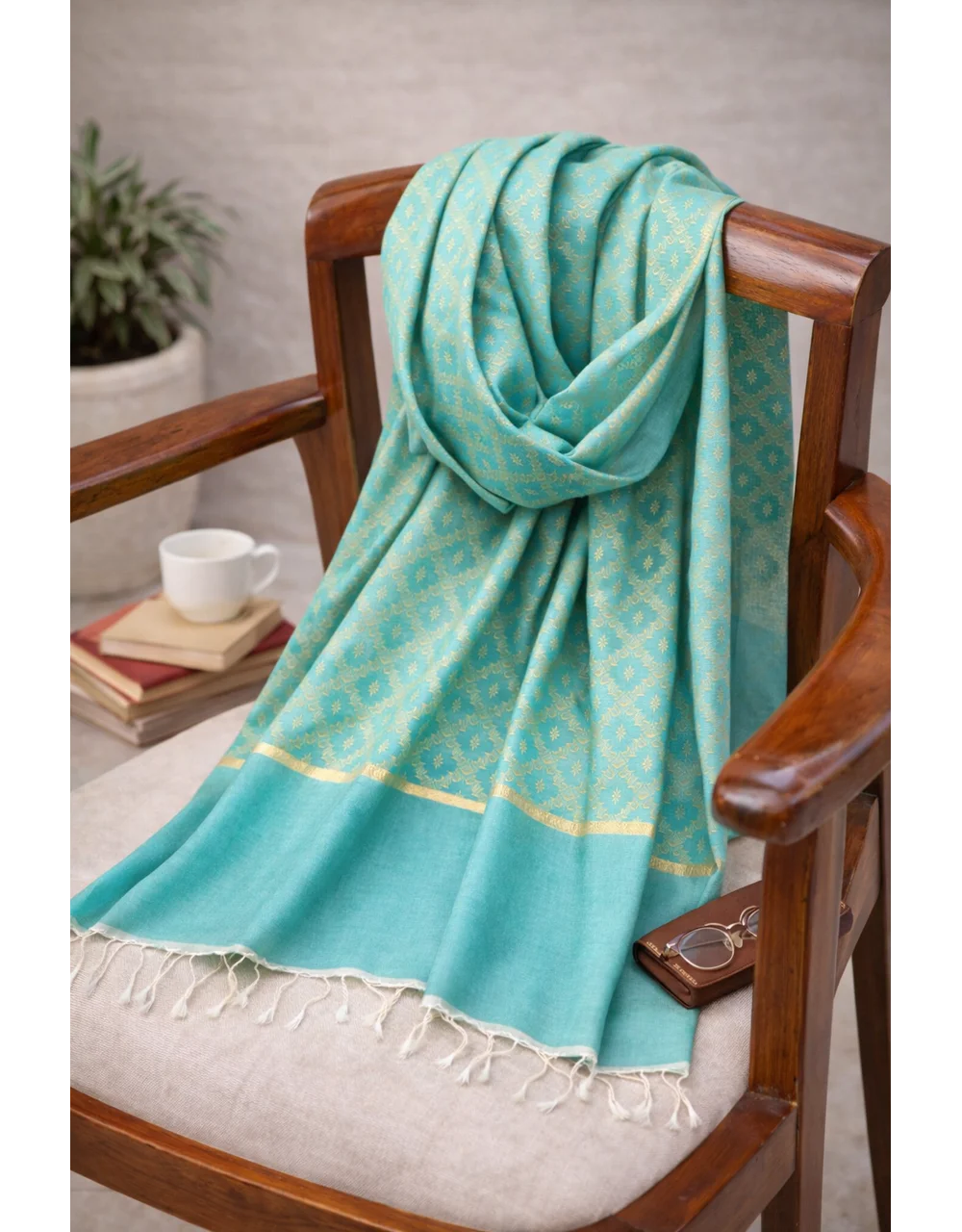 Hovered view of Aqua Green Poly Cotton Dupatta With Gold Jacquard Zari Design