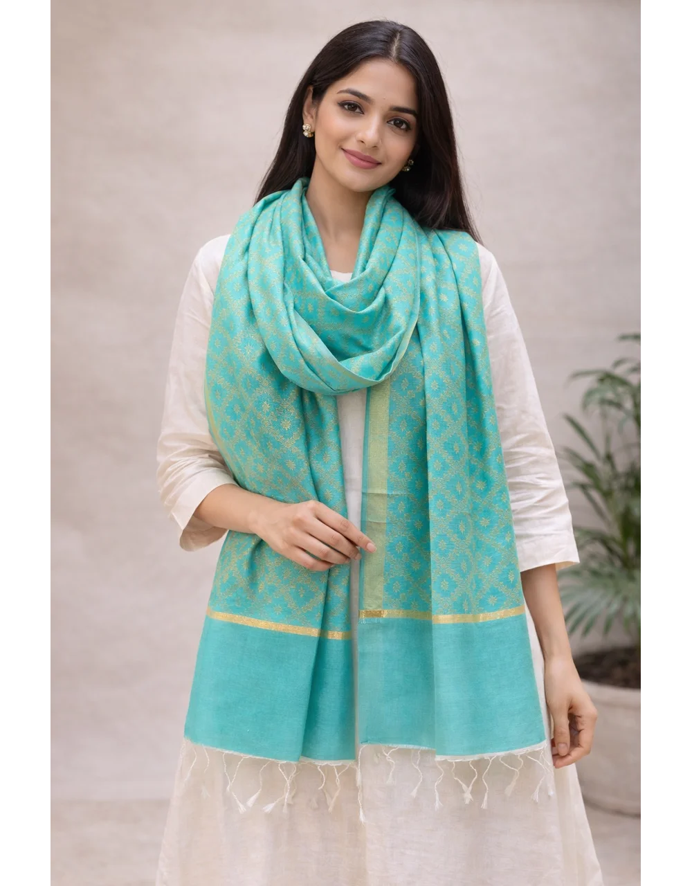Aqua Green Poly Cotton Dupatta With Gold Jacquard Zari Design - View 3