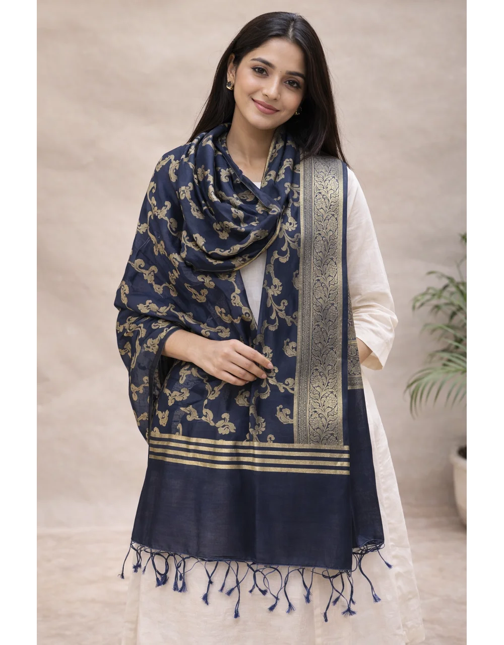 Hovered view of Navy Navy Blue Royal Poly Cotton Dupatta With Floral Gold Zari Weaving