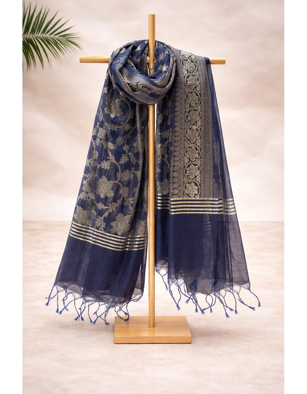Navy Navy Blue Royal Poly Cotton Dupatta With Floral Gold Zari Weaving