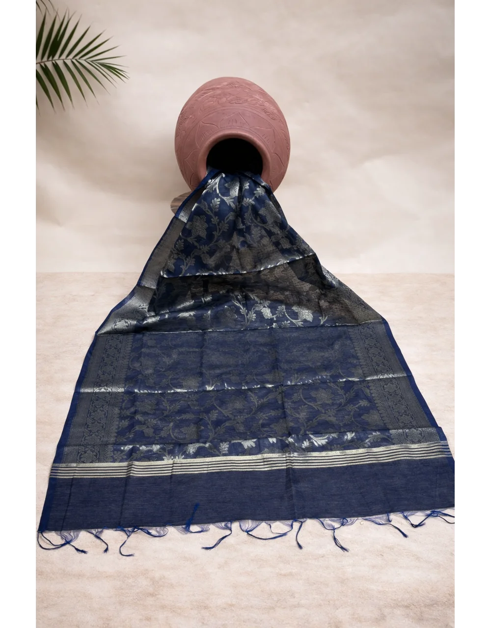 Navy Navy Blue Royal Poly Cotton Dupatta With Floral Gold Zari Weaving - View 5