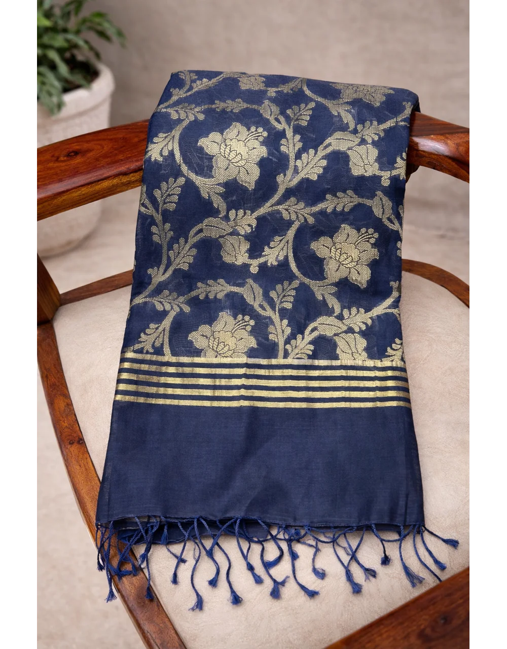 Navy Navy Blue Royal Poly Cotton Dupatta With Floral Gold Zari Weaving - View 3