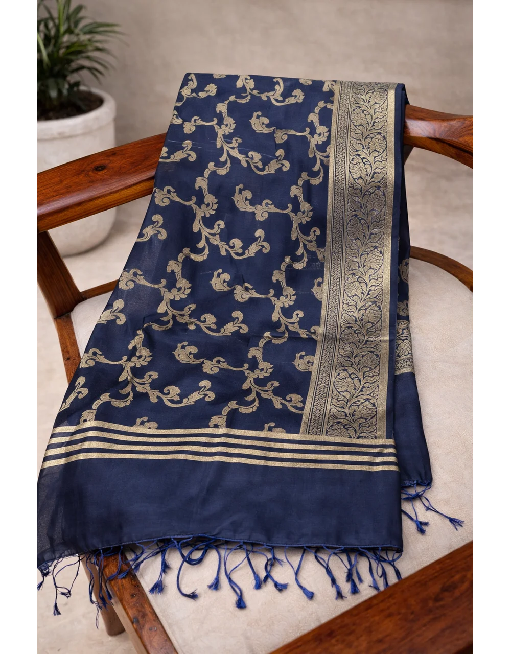 Navy Navy Blue Royal Poly Cotton Dupatta With Floral Gold Zari Weaving - View 4