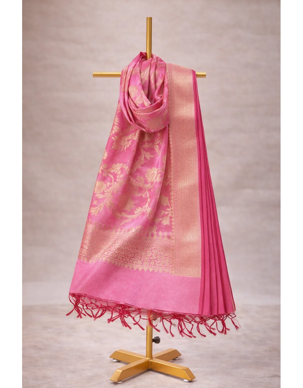 Dark Pink Poly Cotton Dupatta With Gold Zari Floral Weaving And Broad Border
