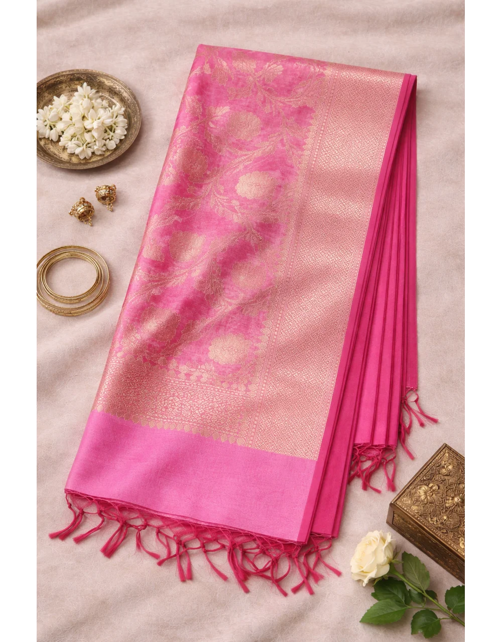 Dark Pink Poly Cotton Dupatta With Gold Zari Floral Weaving And Broad Border - View 3