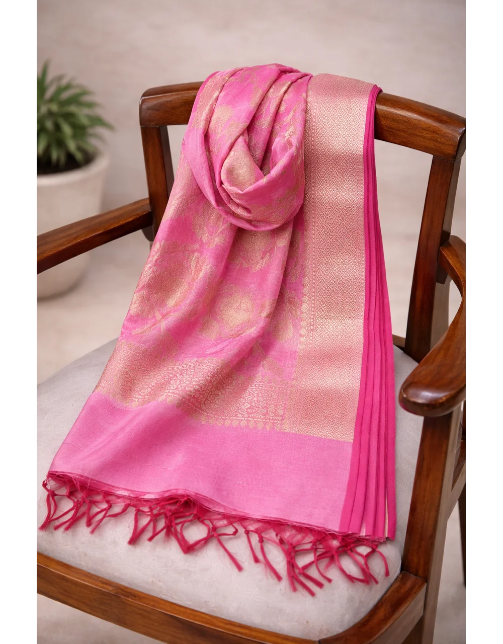Hovered view of Dark Pink Poly Cotton Dupatta With Gold Zari Floral Weaving And Broad Border