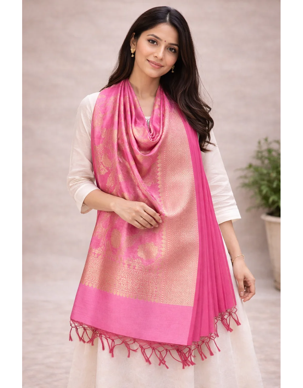 Dark Pink Poly Cotton Dupatta With Gold Zari Floral Weaving And Broad Border - View 4