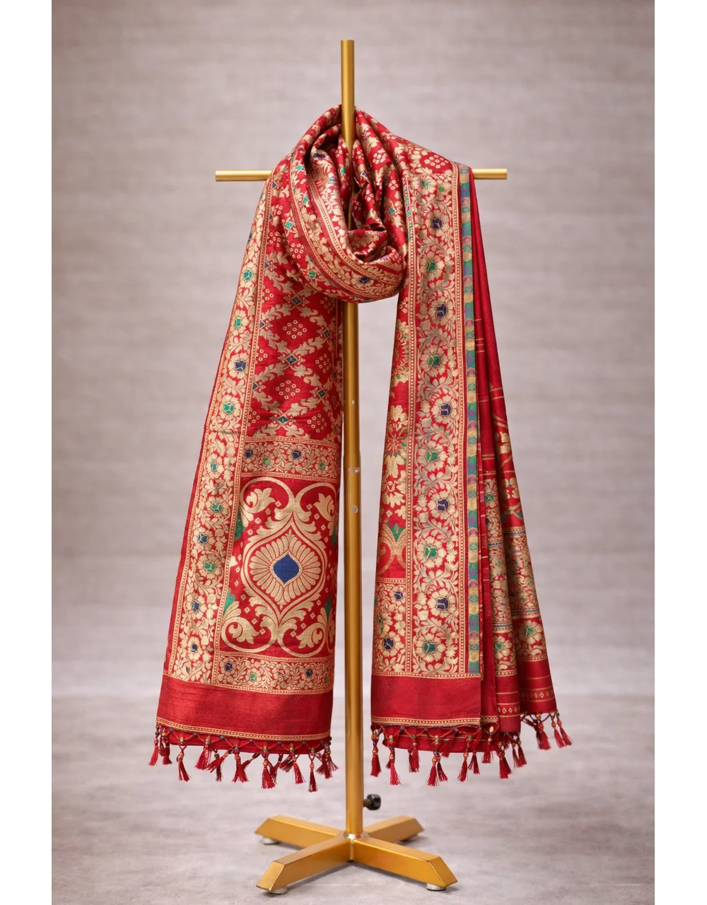 Red Poly Cotton Dupatta With Multicolor Floral Zari And Traditional Border