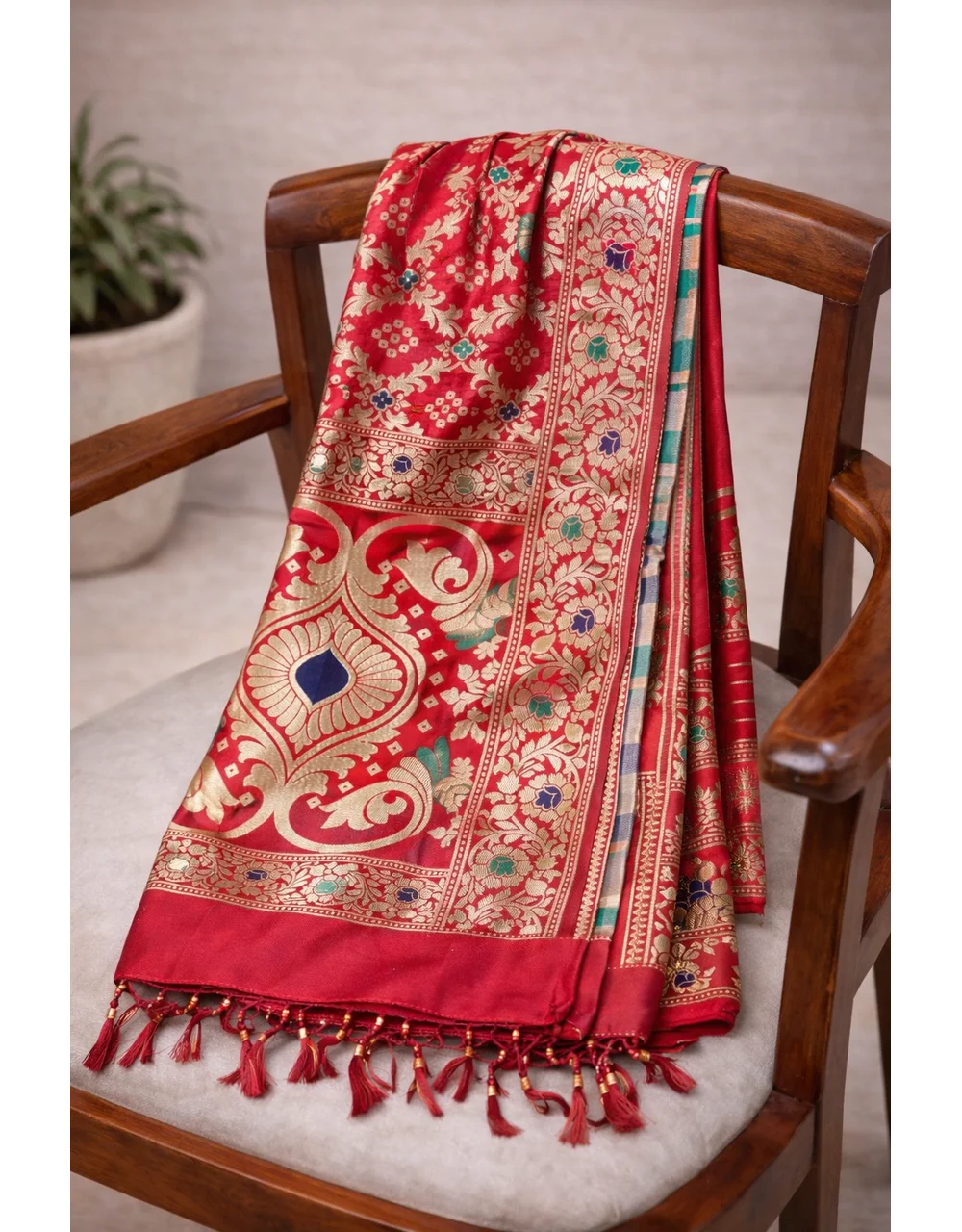 Hovered view of Red Poly Cotton Dupatta With Multicolor Floral Zari And Traditional Border