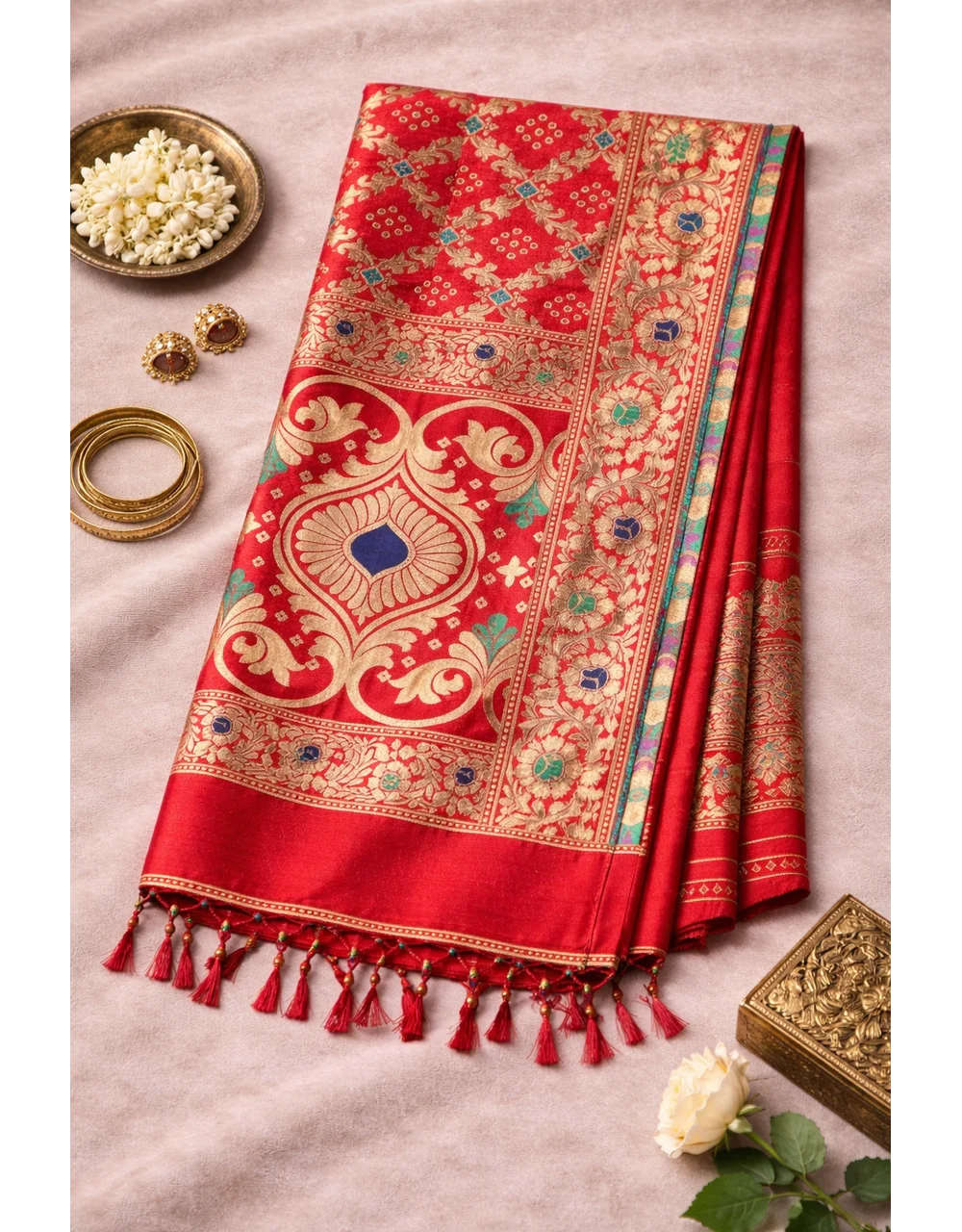Red Poly Cotton Dupatta With Multicolor Floral Zari And Traditional Border - View 5
