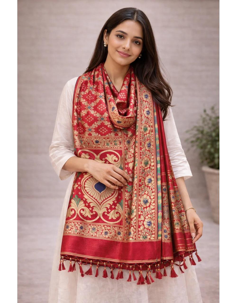 Red Poly Cotton Dupatta With Multicolor Floral Zari And Traditional Border - View 3
