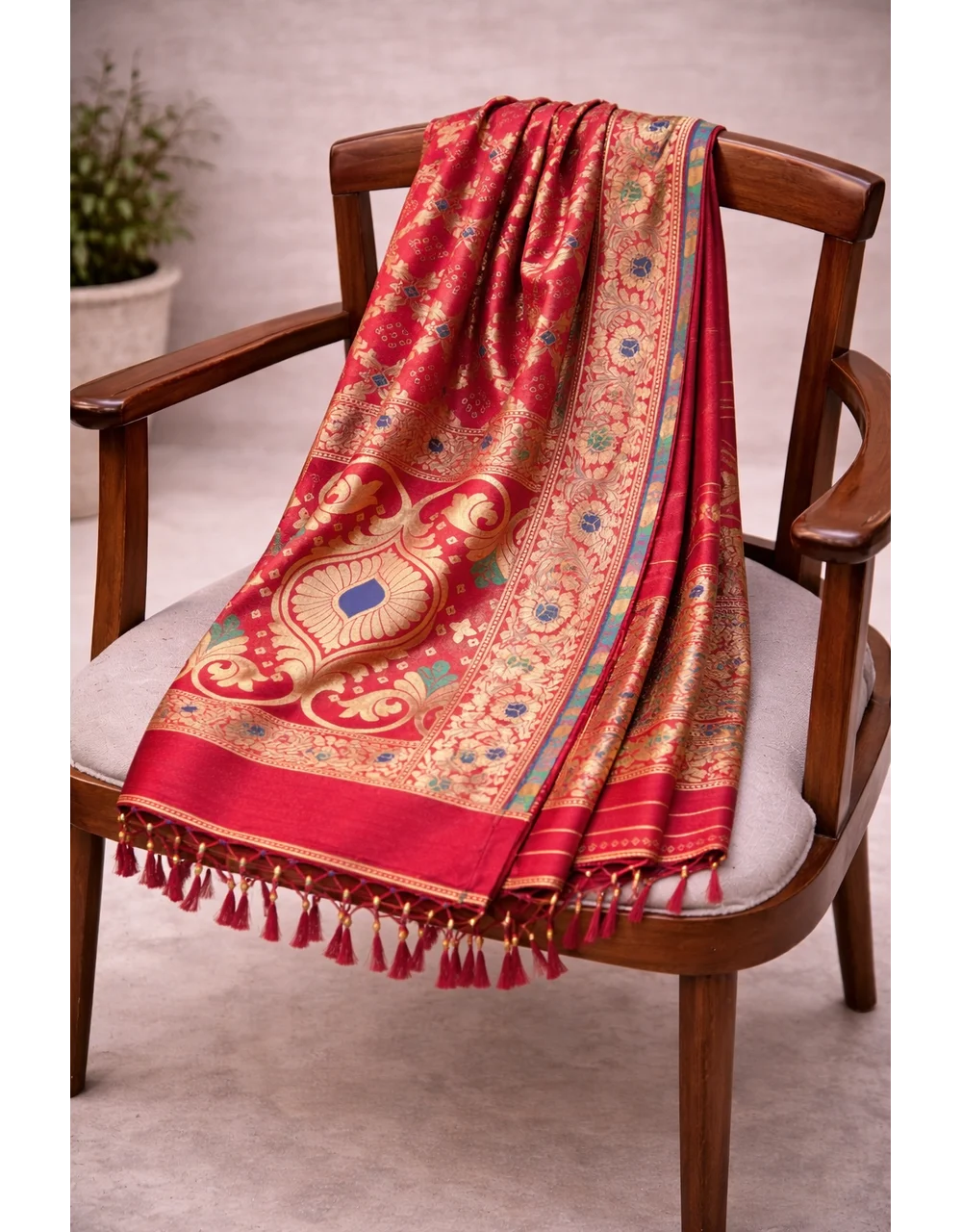 Red Poly Cotton Dupatta With Multicolor Floral Zari And Traditional Border - View 4