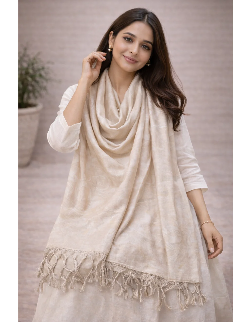 Hovered view of Beige Poly Cotton Solid Dupatta