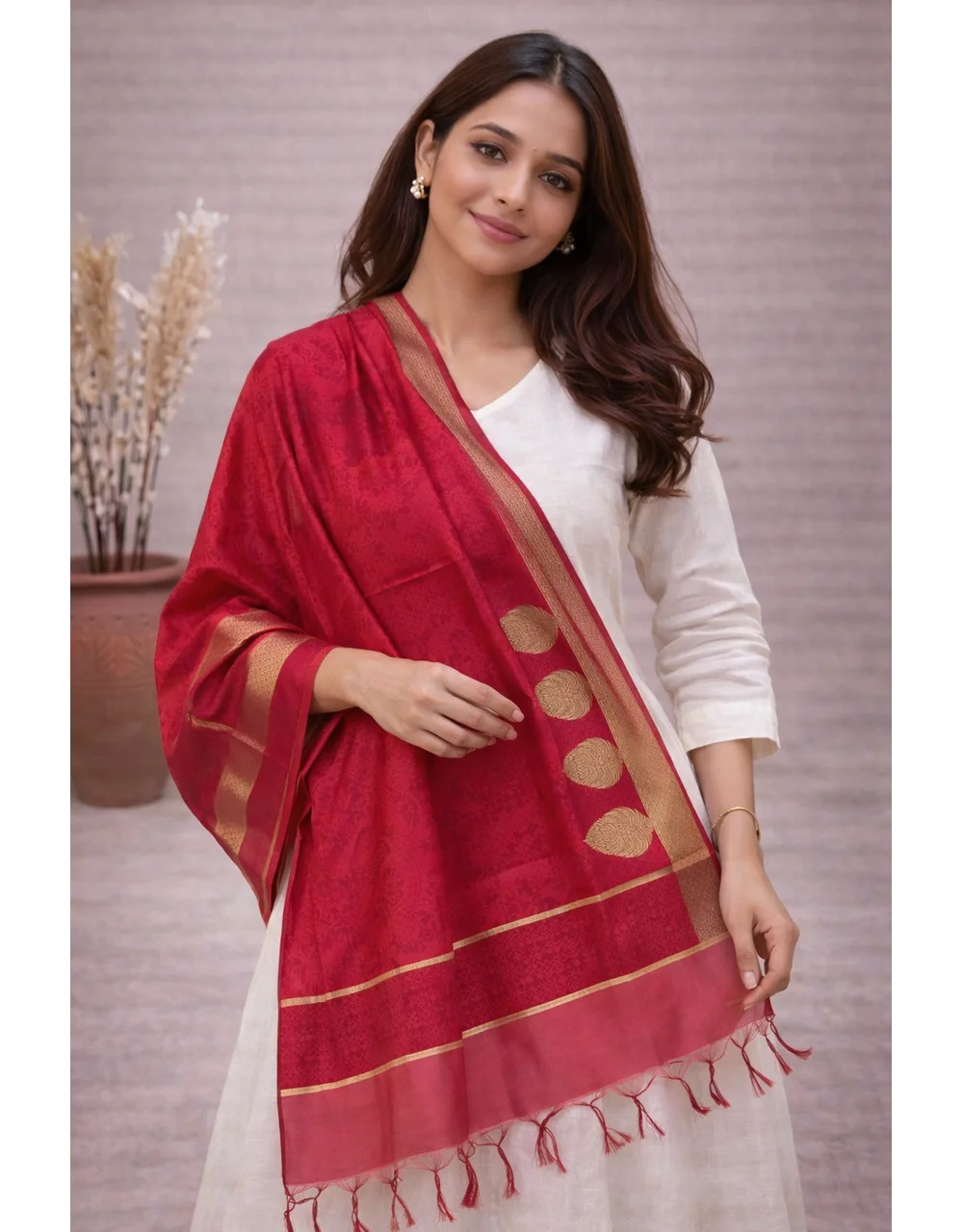 Red Poly Chanderi Brocade Dupatta With Gold Border - View 4