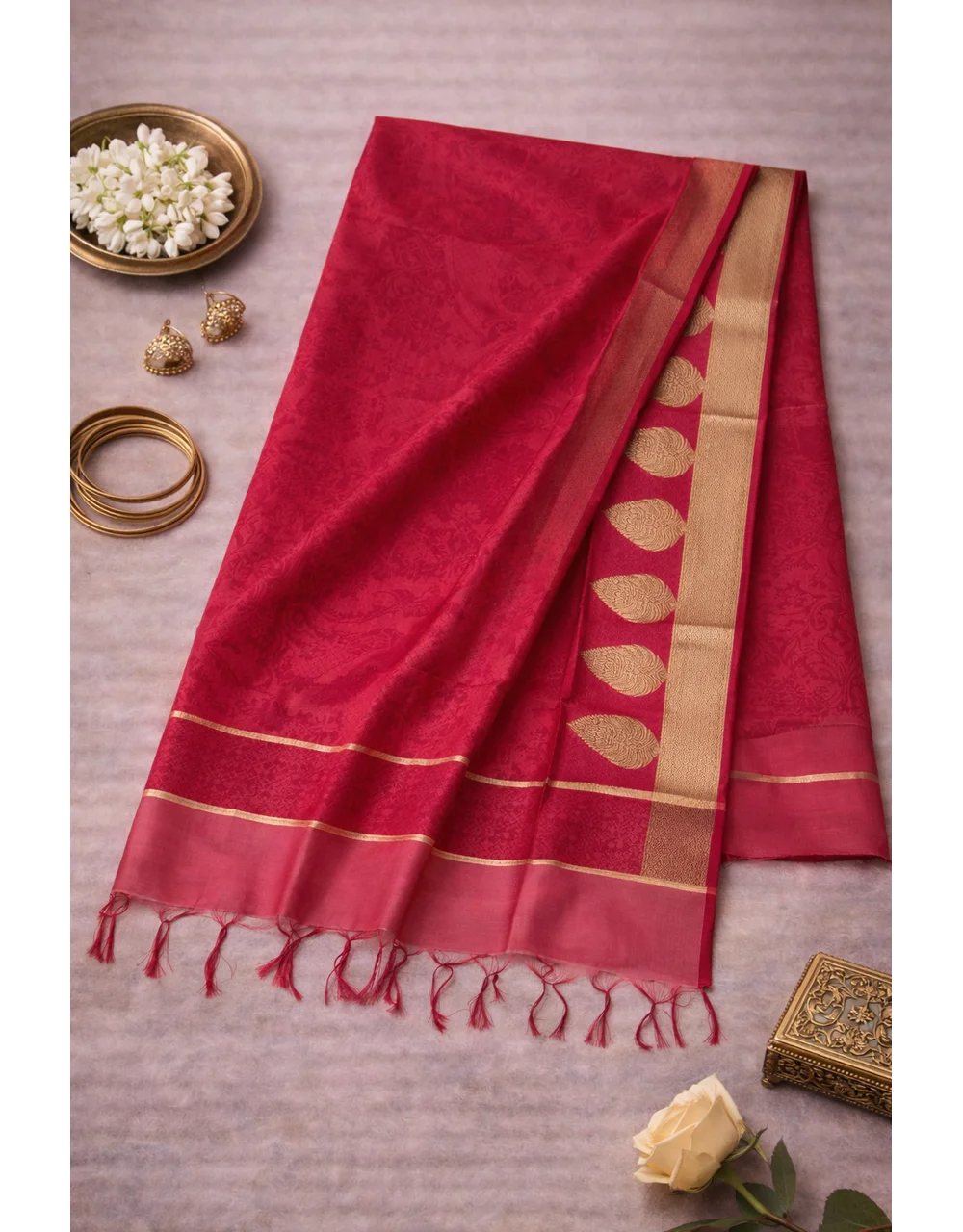 Red Poly Chanderi Brocade Dupatta With Gold Border - View 3