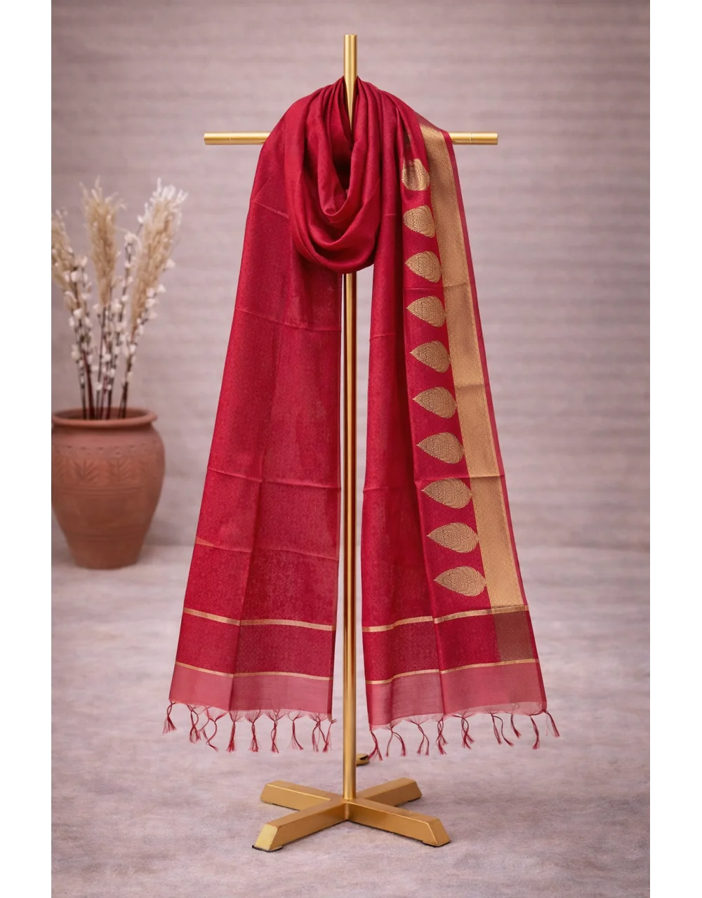 Red Poly Chanderi Brocade Dupatta With Gold Border