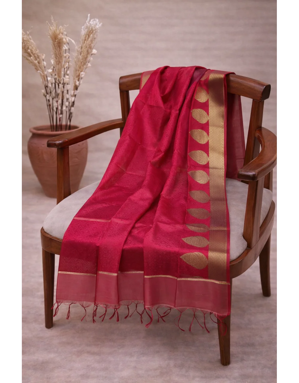 Hovered view of Red Poly Chanderi Brocade Dupatta With Gold Border