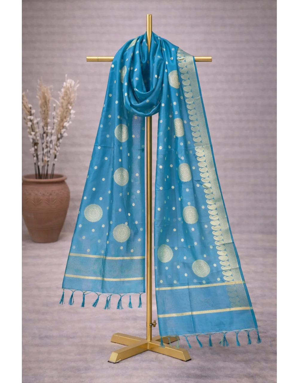 Blue Poly Chanderi Brocade Dupatta With Gold Zari