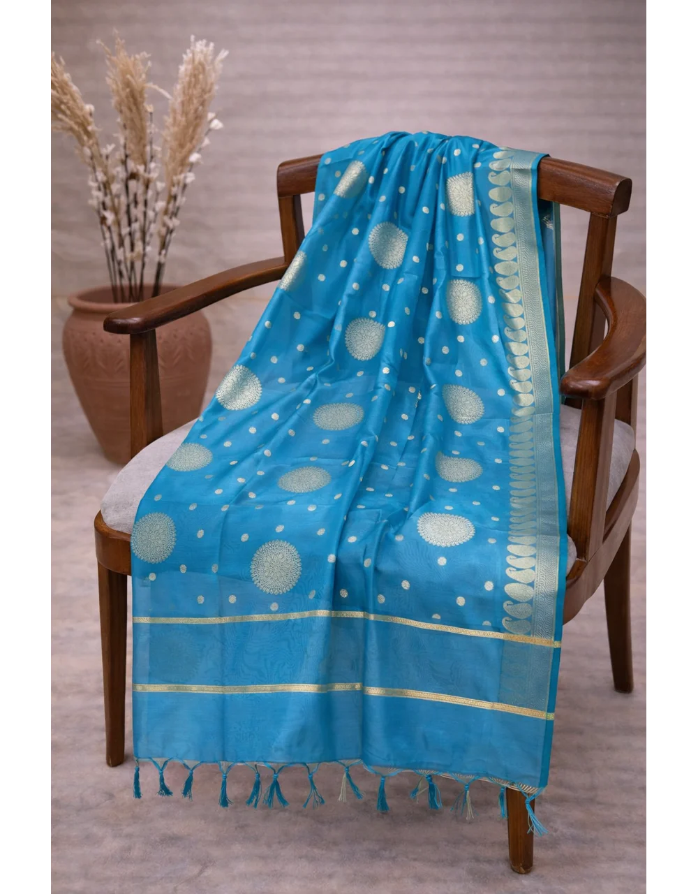 Hovered view of Blue Poly Chanderi Brocade Dupatta With Gold Zari