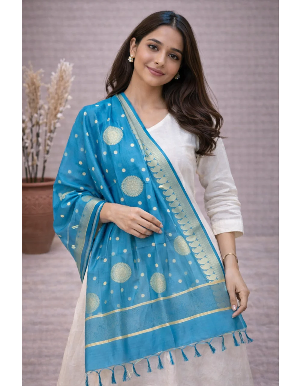 Blue Poly Chanderi Brocade Dupatta With Gold Zari - View 4