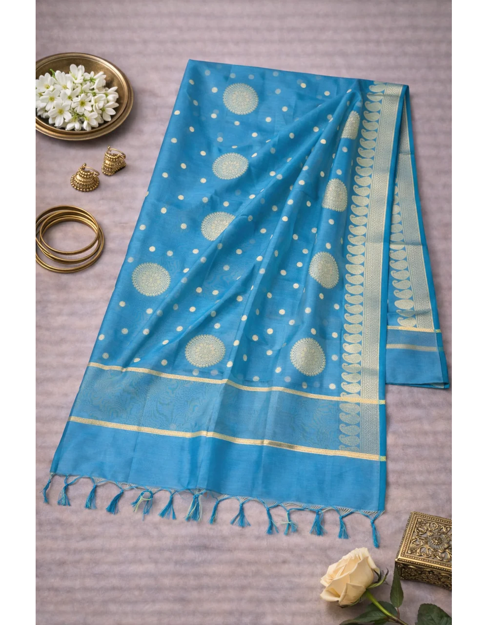 Blue Poly Chanderi Brocade Dupatta With Gold Zari - View 3