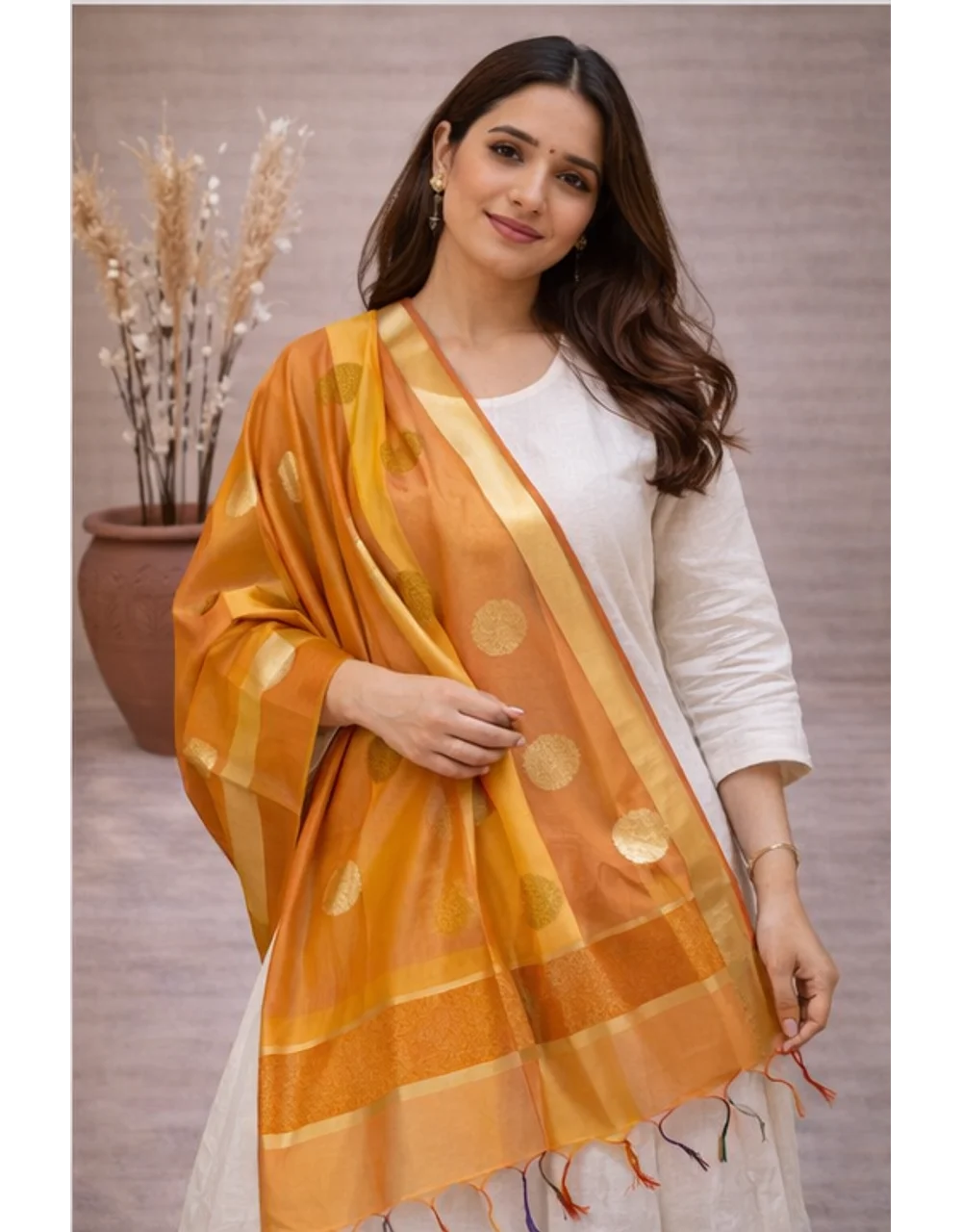 Mustard Orange Poly Chanderi Brocade Dupatta With Gold Zari - View 4