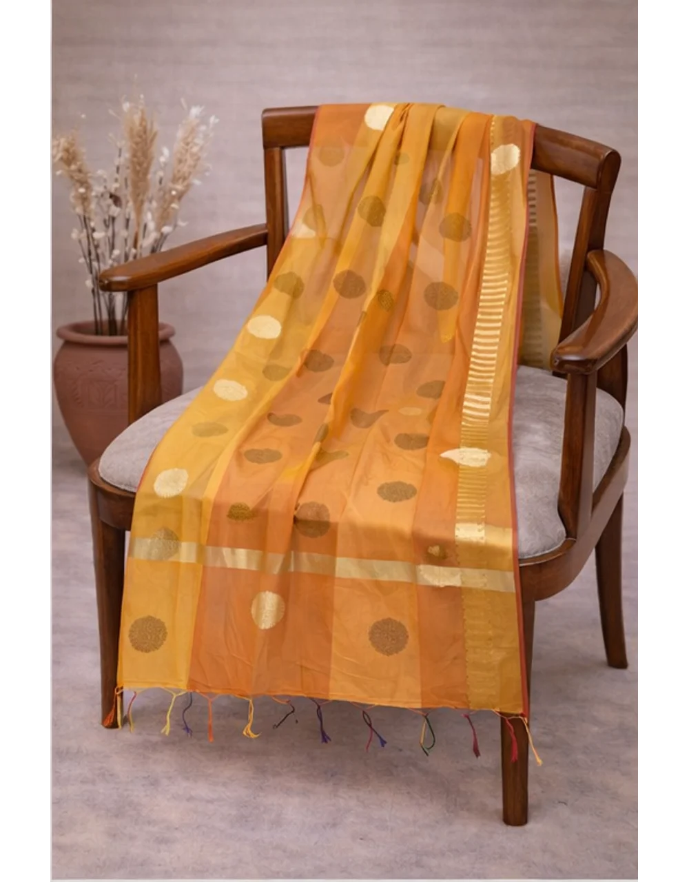Hovered view of Mustard Orange Poly Chanderi Brocade Dupatta With Gold Zari